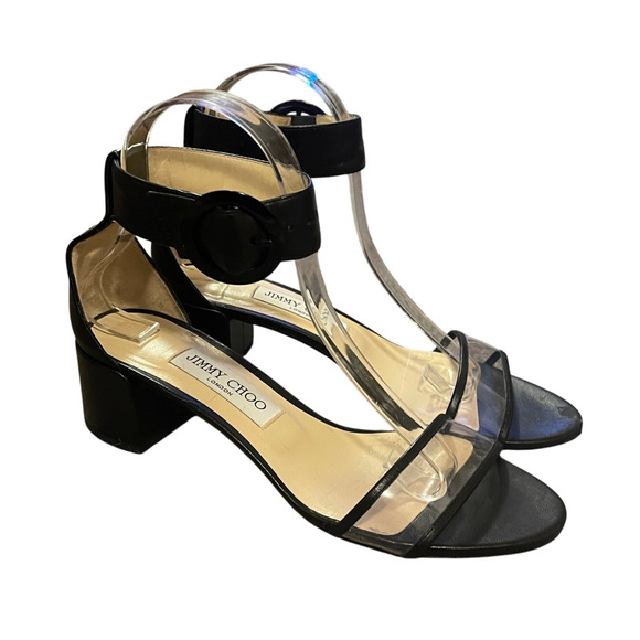 Jimmy Choo 7 Jaimie Leather Sandals Transparent PVC Strap Low Block Heels Black - Picture 6 of 9